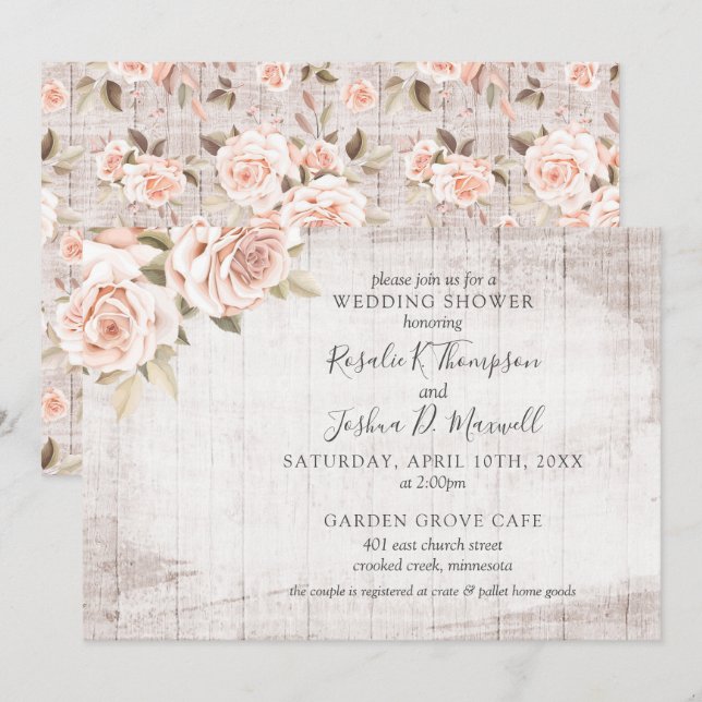 Rustic Wood Romantic Roses Couple Wedding Shower Invitation (Front/Back)