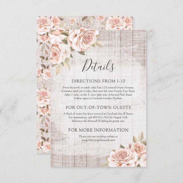 Rustic Wood & Romantic Roses Details / Directions Enclosure Card (Front/Back)