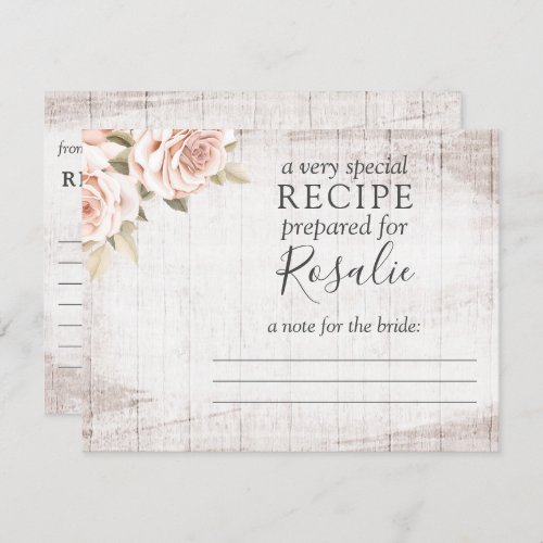 Rustic Wood Romantic Roses Recipe Card For Bride