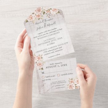 Rustic Wood & Romantic Roses Shabby Chic Wedding All In One Invitation by CyanSkyCelebrations at Zazzle