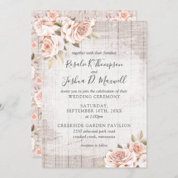 Rustic Wood & Romantic Roses Shabby Chic Wedding Invitation by CyanSkyCelebrations at Zazzle
