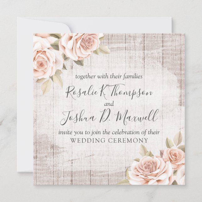 Rustic Wood & Romantic Roses Shabby Chic Wedding Invitation (Front)