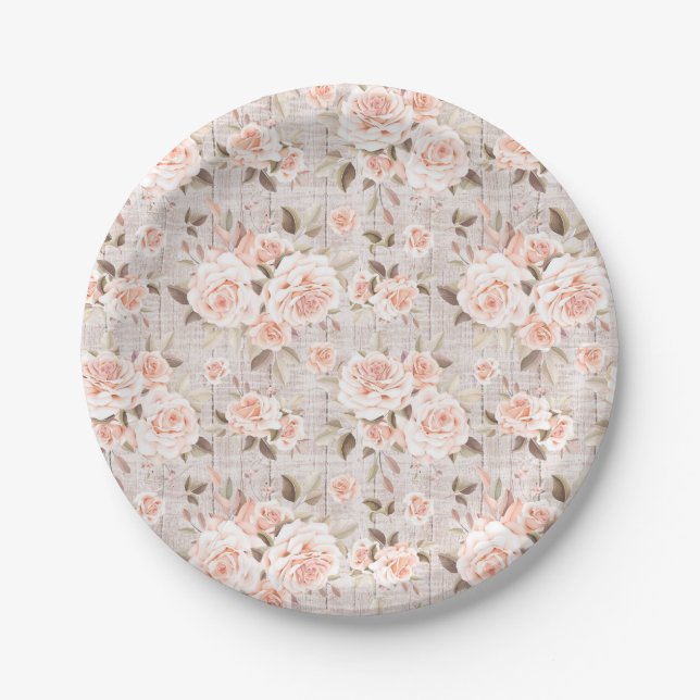 Rustic Wood & Romantic Roses Shabby Chic Wedding P Paper Plates (Front)