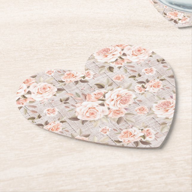 Rustic Wood & Romantic Roses Shabby Chic Wedding Paper Coaster (Angled)