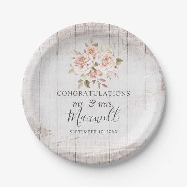 Rustic Wood & Romantic Roses Shabby Chic Wedding Paper Plates (Front)