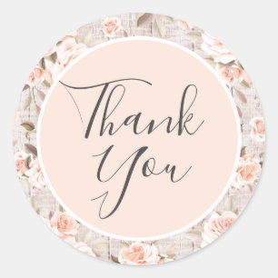 Rustic Wood & Romantic Roses Shabby Thank You Classic Round Sticker