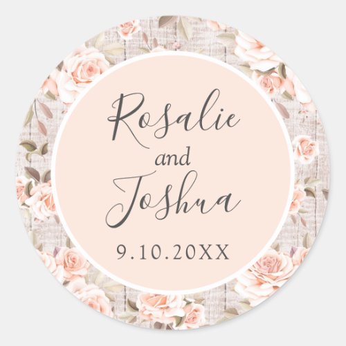 Rustic Wood  Romantic Roses Shabby Wedding Date Classic Round Sticker