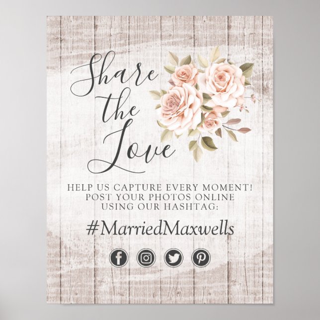 Rustic Wood Romantic Roses Wedding Hashtag Photo Poster (Front)