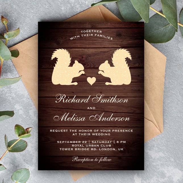 Rustic Wood Romantic Squirrels Wedding Invitation (Creator Uploaded)