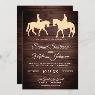 Rustic Wood Romantic Western Horse Riders Wedding Invitation