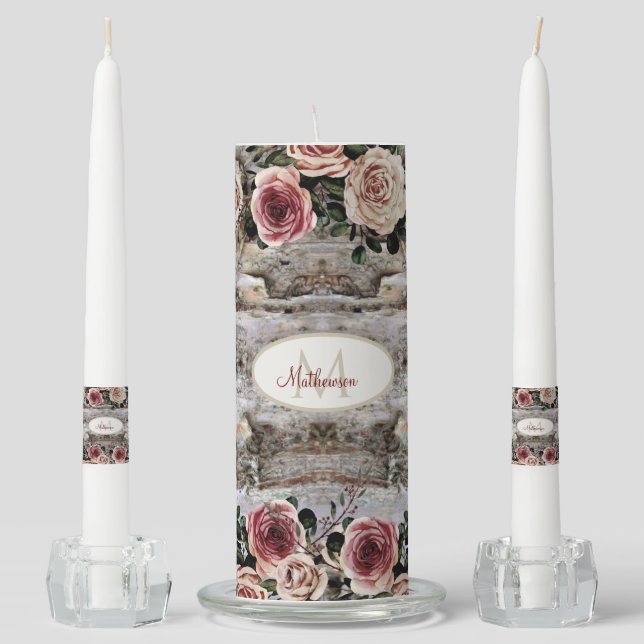 Rustic Wood Rose floral family monogram Unity Candle Set (Front)
