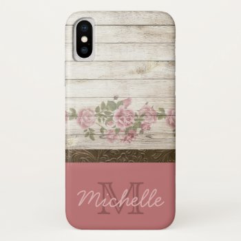 Rustic Wood Rose Floral Gold Monogram And Name Iphone Xs Case by MaggieMart at Zazzle