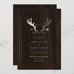 Rustic Wood Rose Gold Antlers Arrow Wedding Invitation
