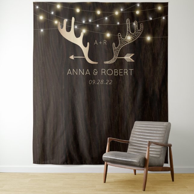 Rustic Wood Rose Gold Antlers Arrow Wedding Tapestry (In Situ)