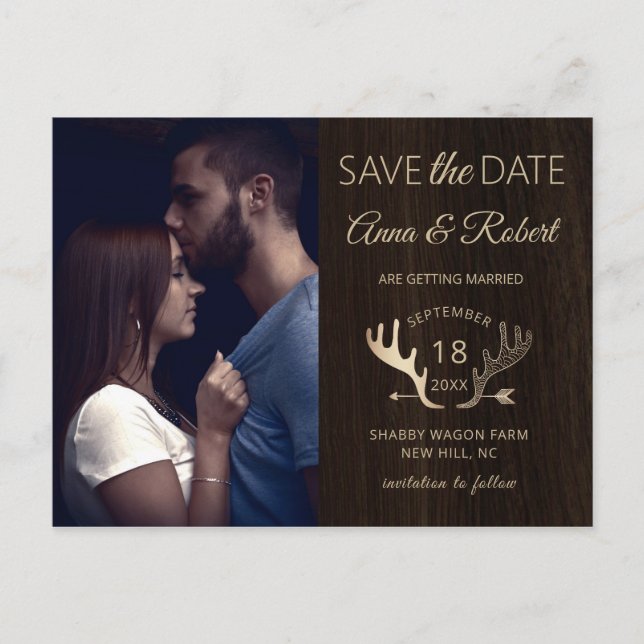 Rustic Wood Rose Gold Antlers Photo Save The Date Invitation Postcard (Front)