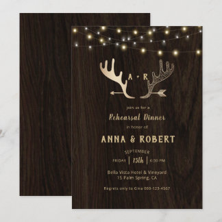 Rustic Wood Rose Gold Antlers Rehearsal Dinner Invitation