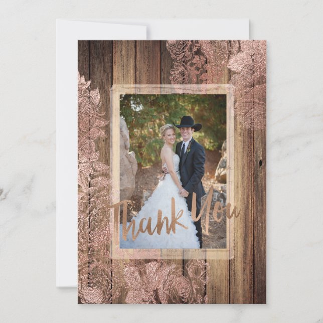 Rustic Wood Rose Lace Wedding Photo Thank You Card (Front)