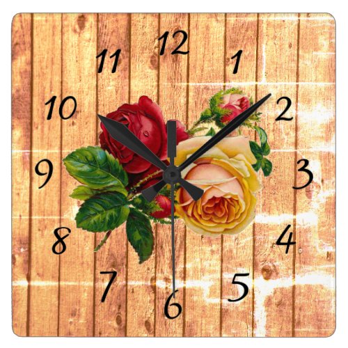 Rustic Wood Rose Square Wall Clock