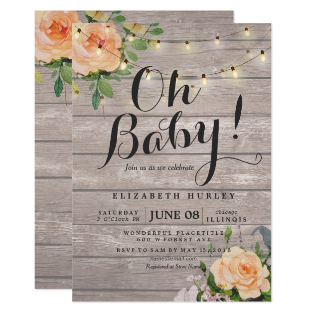 Rustic Wood Roses Floral String Light Baby Shower Invitation