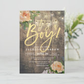 Rustic Wood Roses Floral String Light Baby Shower Invitation (Standing Front)