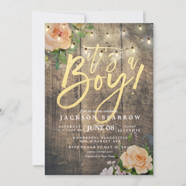 Rustic Wood Roses Floral String Light Baby Shower Invitation (Front)