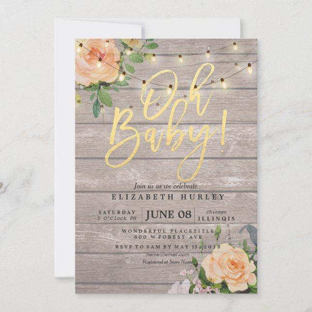 Rustic Wood Roses Floral String Light Baby Shower Invitation (Front)