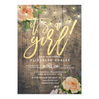 Rustic Wood Roses Floral String Light Baby Shower Invitation