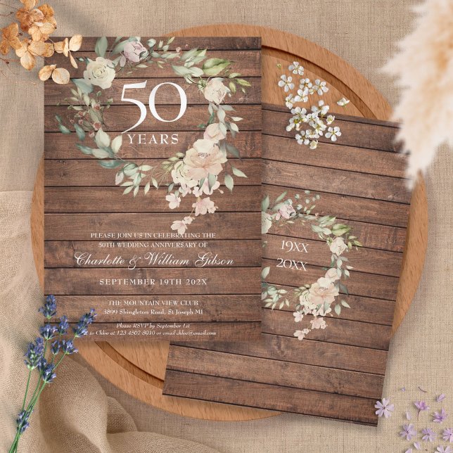 Rustic Wood Roses Garland 50th Wedding Anniversary Invitation (Creator Uploaded)