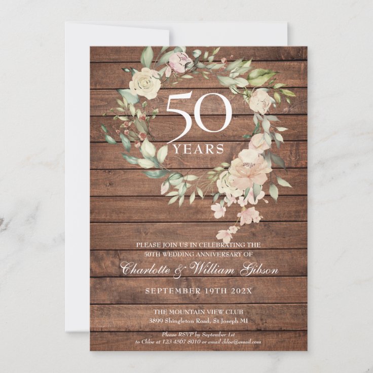 Rustic Wood Roses Garland 50th Wedding Anniversary Invitation | Zazzle
