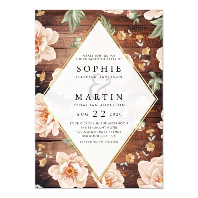 Rustic Wood & Roses | Gold Floral Engagement Party Invitation