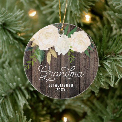 Rustic Wood  Roses Personalized Grandma Christmas Ceramic Ornament