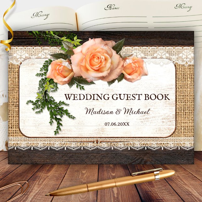 Rustic Wood Roses Romantic Wedding Guest Book (Elegant rustic wedding guest book with roses on lace and burlap. Beautiful for a country wedding)