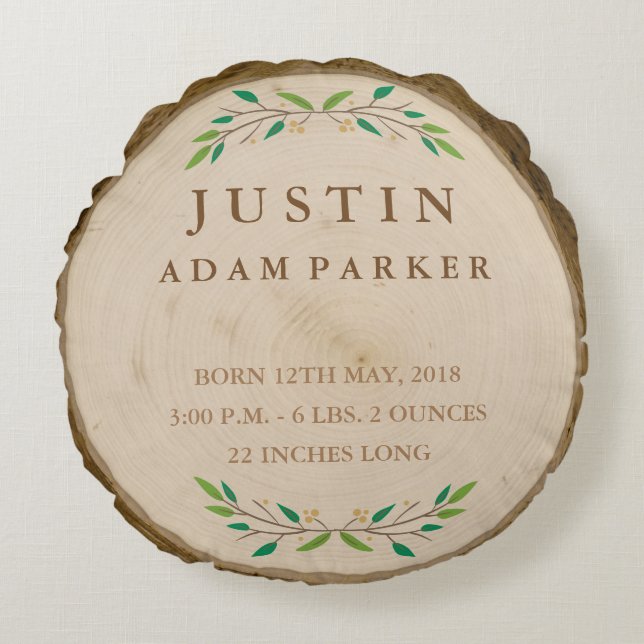 Rustic Wood Round Baby Stats Pillow (Front)