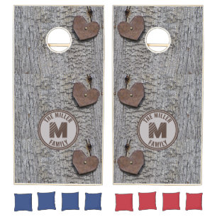 Rustic wood, rusted metal hearts family monogram cornhole set
