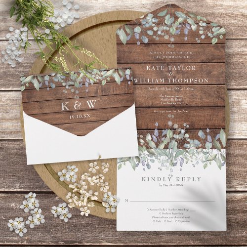 Rustic Wood Sage And Lilac Floral Monogram Wedding All In One Invitation