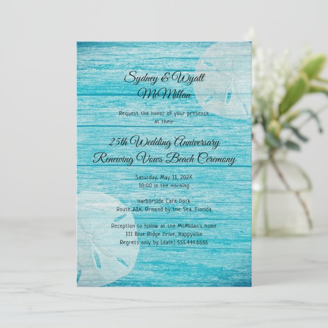 Rustic Wood Sand Dollars Vow Renewal Ceremony Invitation (Standing Front)
