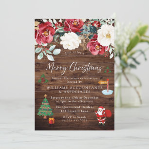 Rustic Wood Santa Tree Present Red Christmas Party Invitation