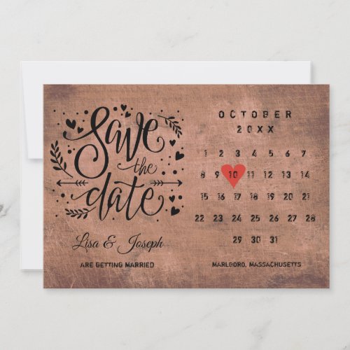 Rustic Wood Save the Date Calendar Red Heart Invitation