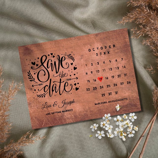 Rustic Wood Save the Date Calendar Red Heart Postcard (Creator Uploaded)