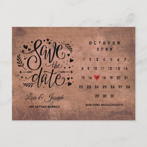 Rustic Wood Save the Date Calendar Red Love Heart Announcement Postcard