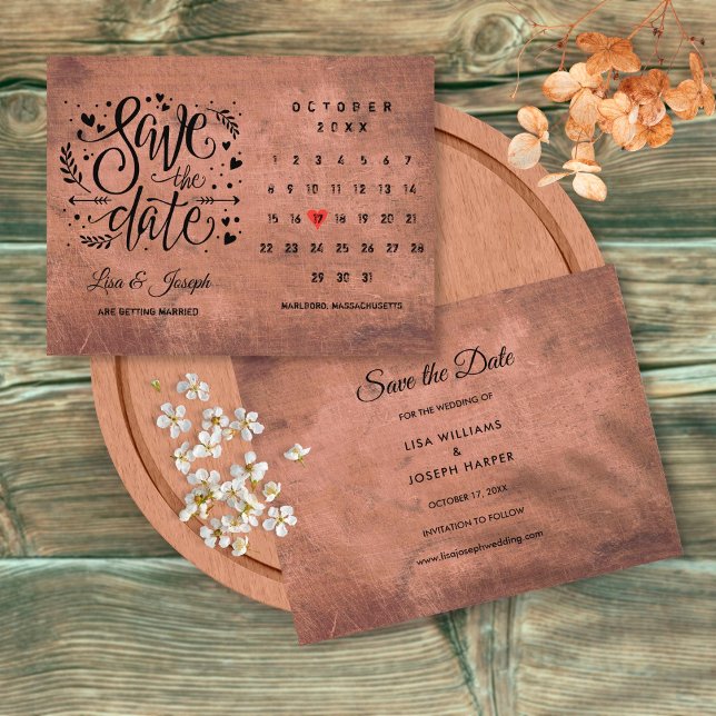 Rustic Wood Save the Date Calendar Red Love Heart Announcement Postcard (Creator Uploaded)