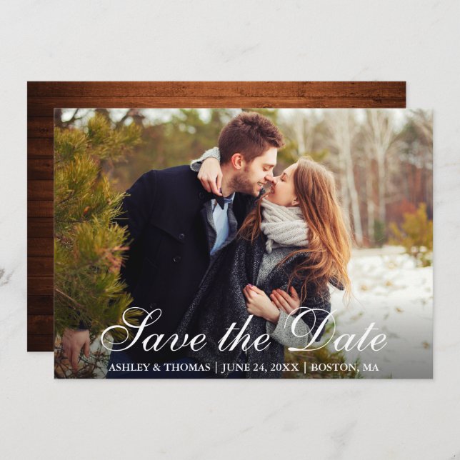 Rustic Wood Save the Date Couple Photo Invitation (Front/Back)