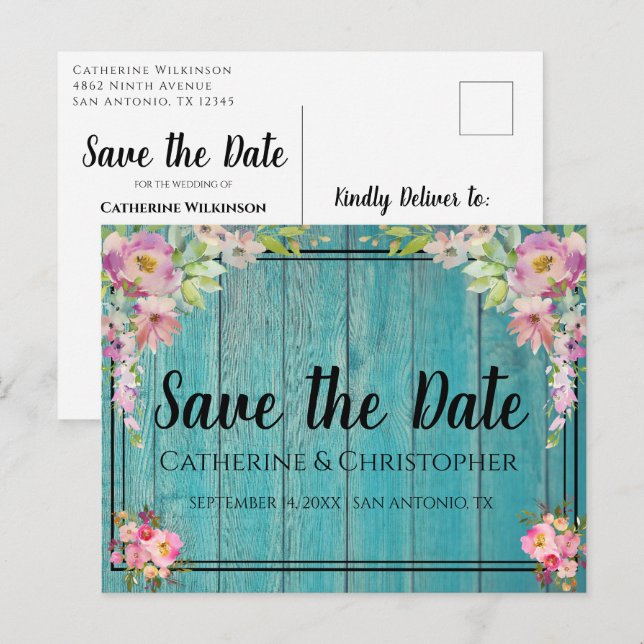 Rustic Wood Save the Date Pink Floral Announcement Postcard (Front/Back)