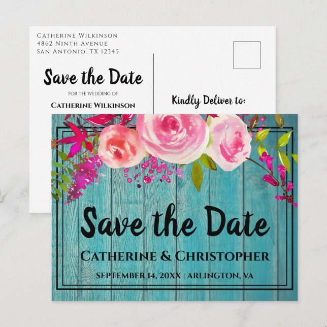 Rustic Wood Save the Date Rose Floral Announcement Postcard (Front/Back)