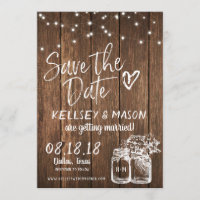Rustic Wood Save the Date with Mason Jars & Lights