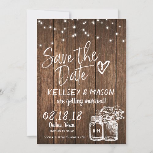 Rustic Wood Save the Date with Mason Jars  Lights Invitation