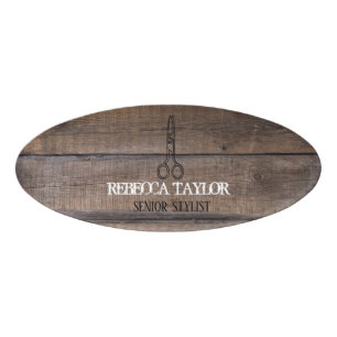 Rustic Wood Scissors Logo Salon Employee Name Tag