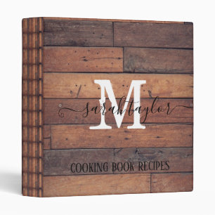 Rustic Wood Script Monogram Name Cooking Recipes 3 Ring Binder
