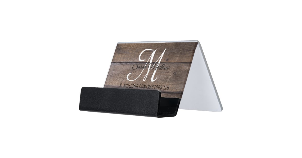 Rustic Wood Script Monogram Name Custom Desk Business Card Holder Zazzle