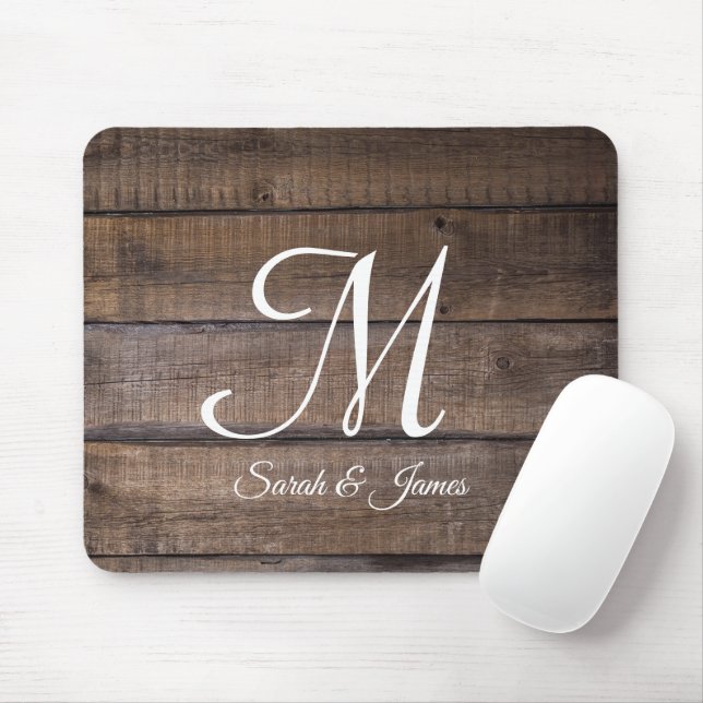 Rustic Wood Script Monogram Name  Mouse Pad (With Mouse)